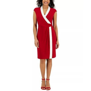 Kasper Women's Red and White Colorblocked Faux-Wrap Cap-Sleeve Dress NWT
